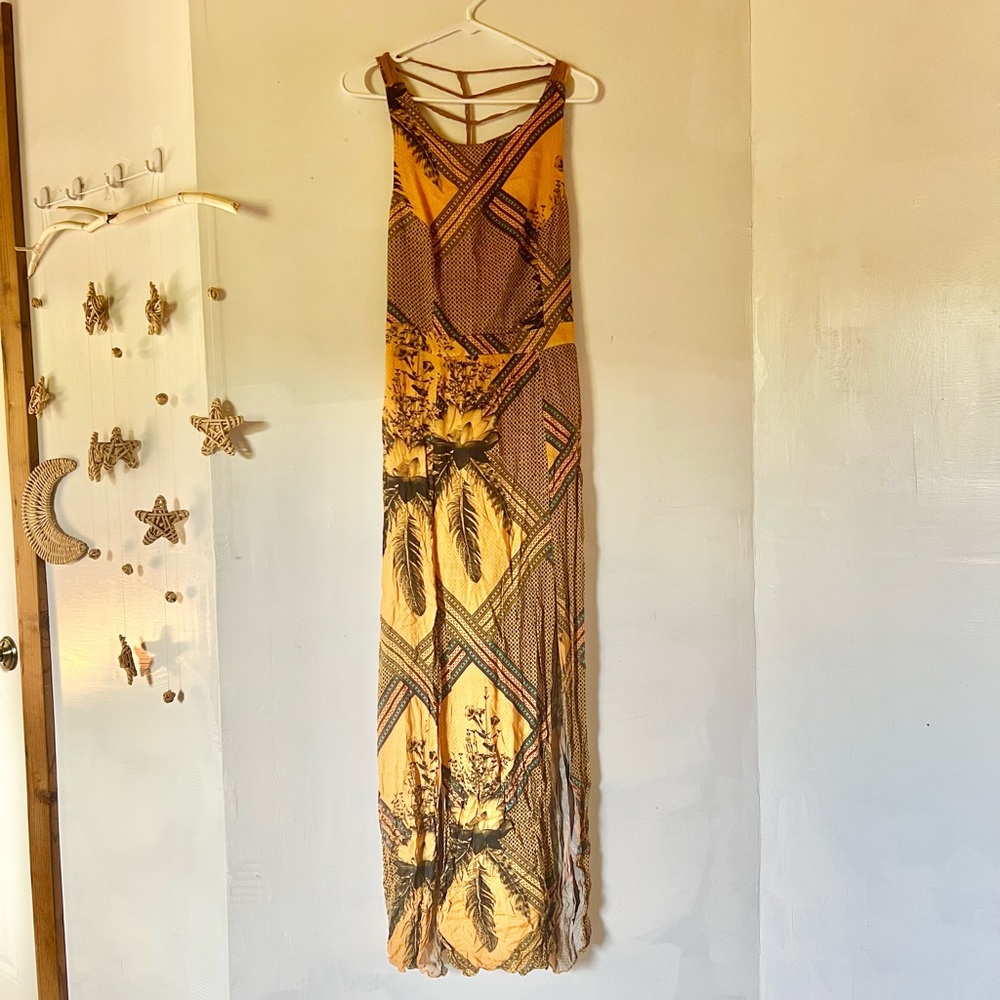 Maxi Yellow Boho Print Dress with slits Lace detail on the back size L